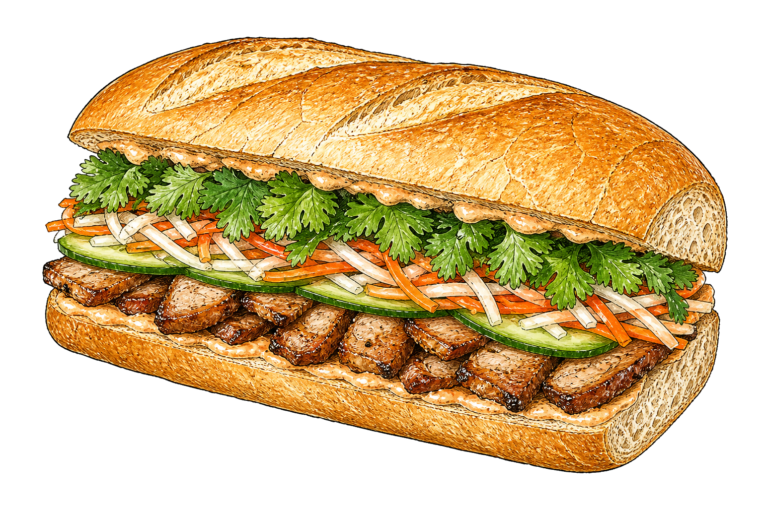 Hand-drawn illustration of a banh mi inspired sandwich with pickles, herbs, cucumber, and chili mayo.