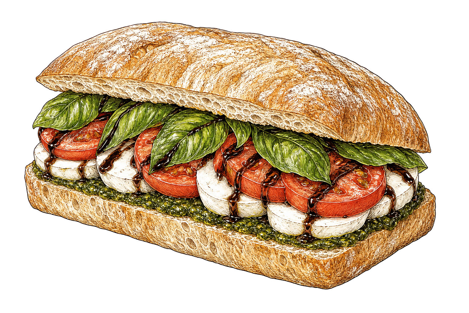 Hand-drawn illustration of a Caprese sandwich with mozzarella, tomato, basil, and pesto.