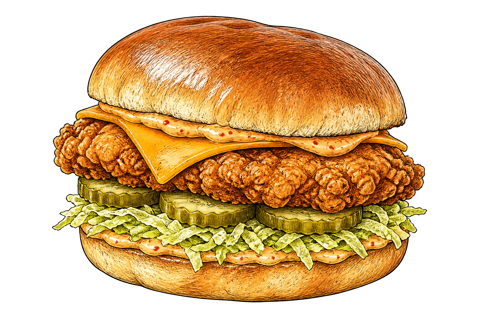 Hand-drawn illustration of a crispy chicken sandwich with pickles, slaw, and spicy mayo.
