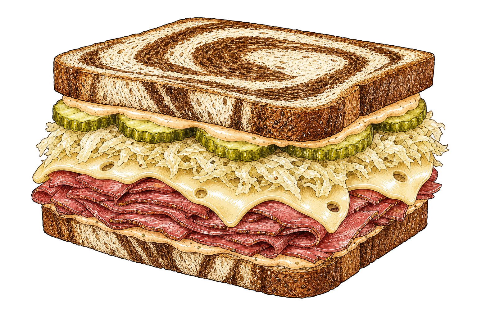 Hand-drawn illustration of a deli sandwich with pastrami, Swiss, sauerkraut, pickles, and Russian dressing.