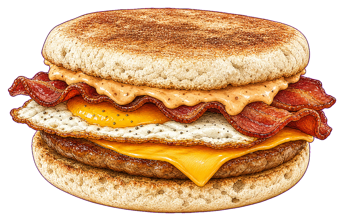 Hand-drawn illustration of an American breakfast sandwich with a toasted English muffin, fried egg, sausage patty, American cheese, and crispy bacon.