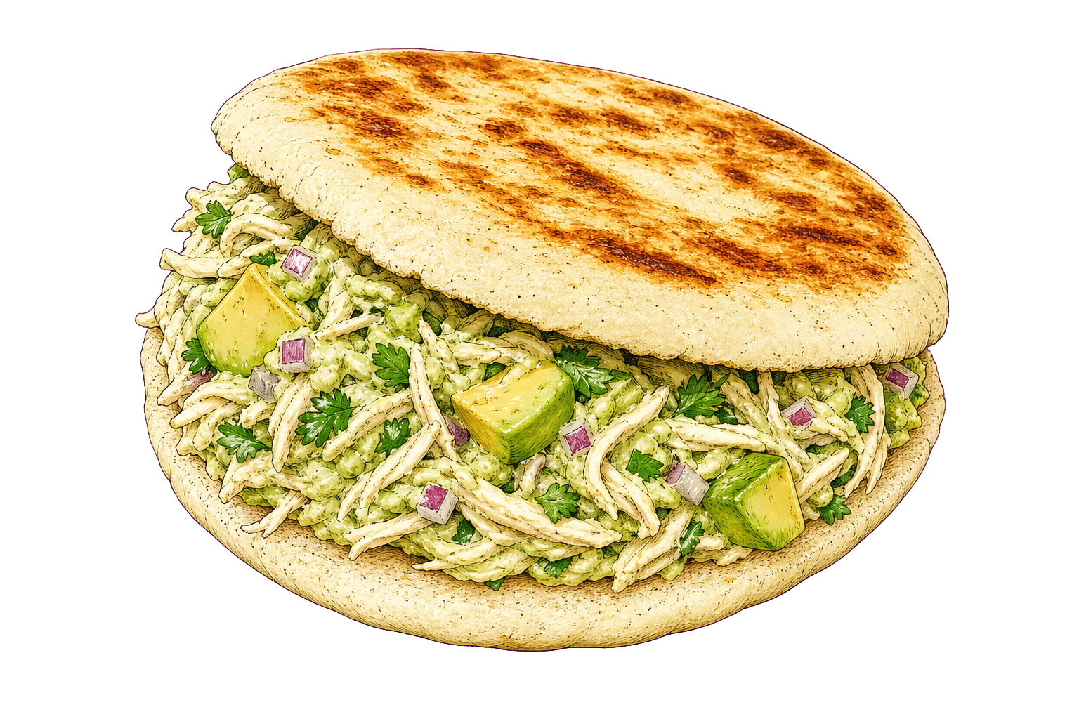 Hand-drawn illustration of arepa reina pepiada with golden corn arepa, chicken-avocado salad, cilantro, and red onion.