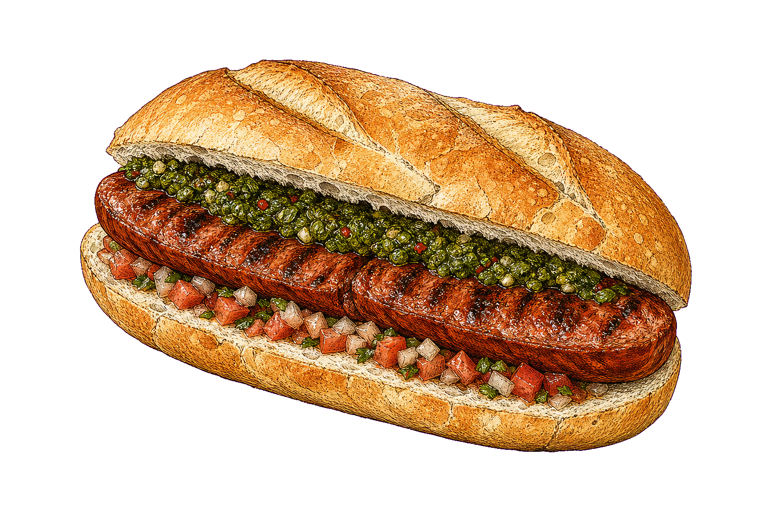Hand-drawn illustration of Argentine choripan with grilled chorizo, chimichurri, tomato-onion salsa, and a crusty roll.