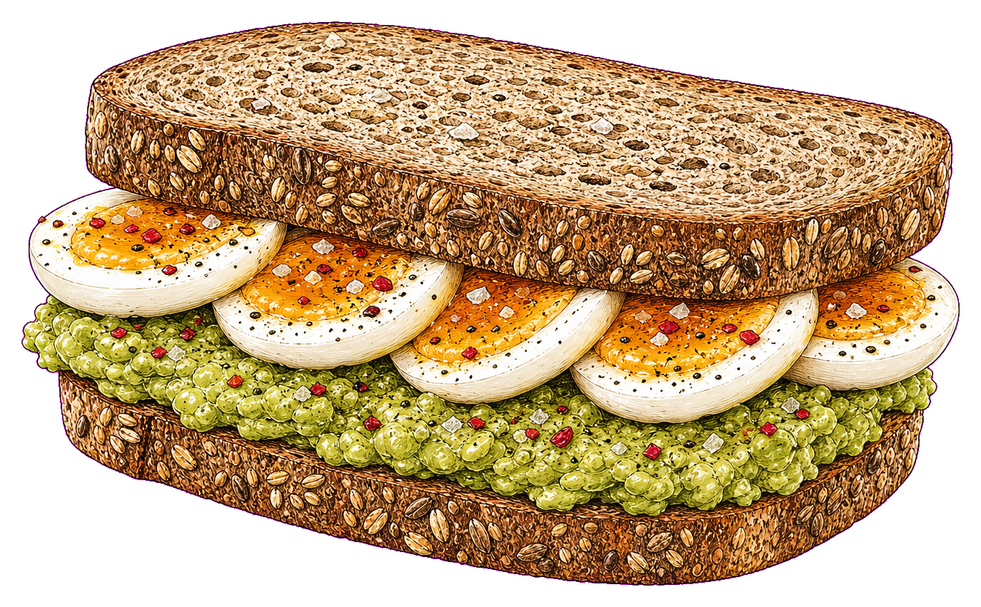 Hand-drawn illustration of an avocado soft-boiled egg sandwich with rustic seeded rye bread, smashed avocado, sliced soft-boiled eggs, and chili flakes.