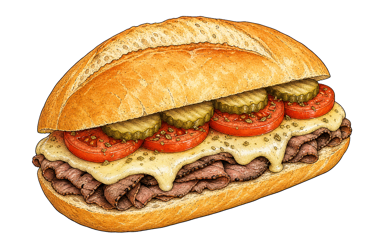 Hand-drawn illustration of a Brazilian Bauru sandwich with roast beef, melted mozzarella, tomato, and pickles.