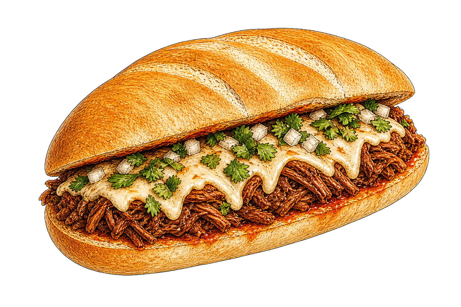Hand-drawn illustration of a birria torta with shredded beef, melted cheese, onion, cilantro, and red chile sauce in a telera roll.