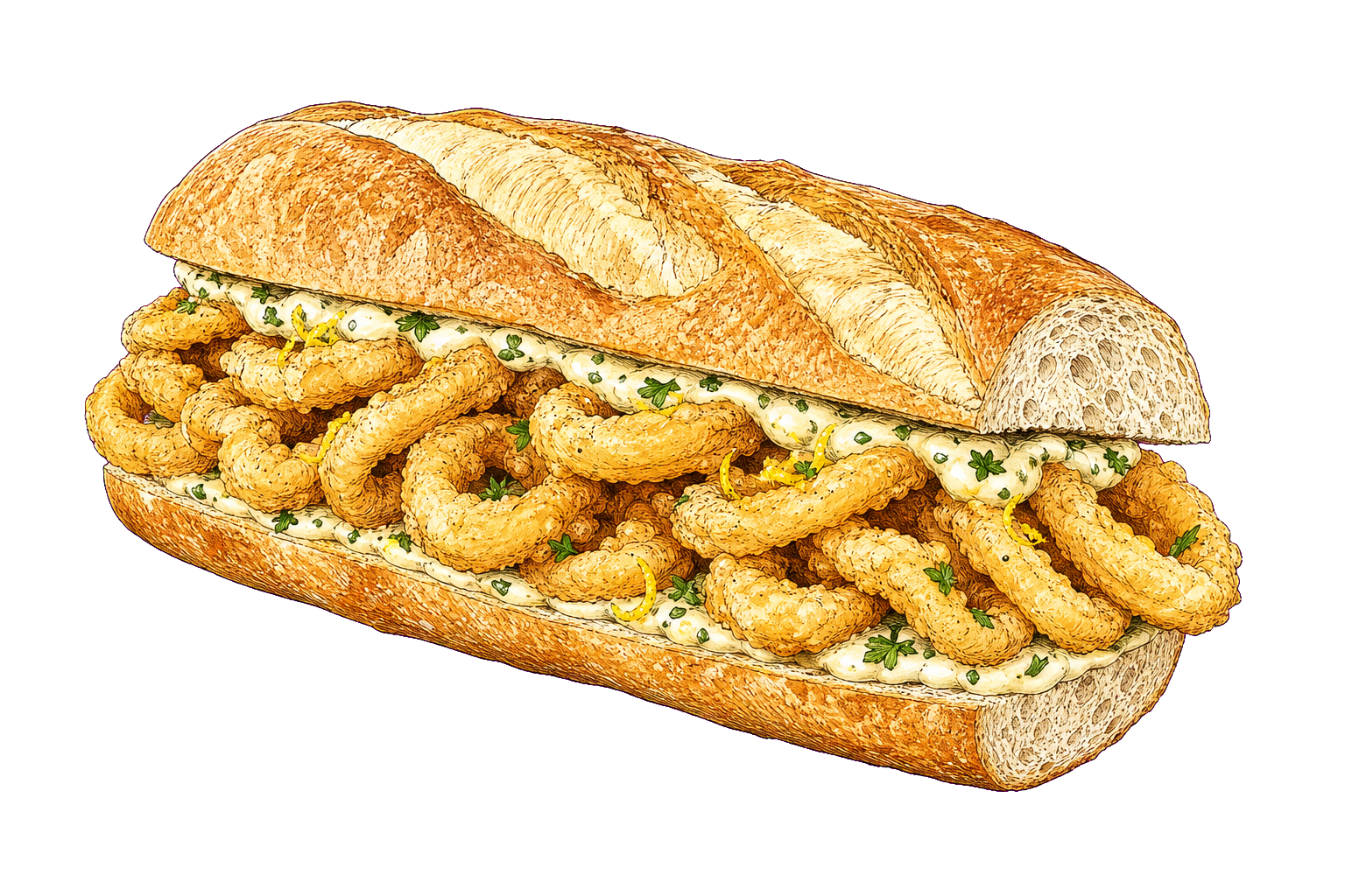Hand-drawn illustration of bocadillo de calamares with fried squid rings, lemony garlic aioli, parsley, and crusty baguette.