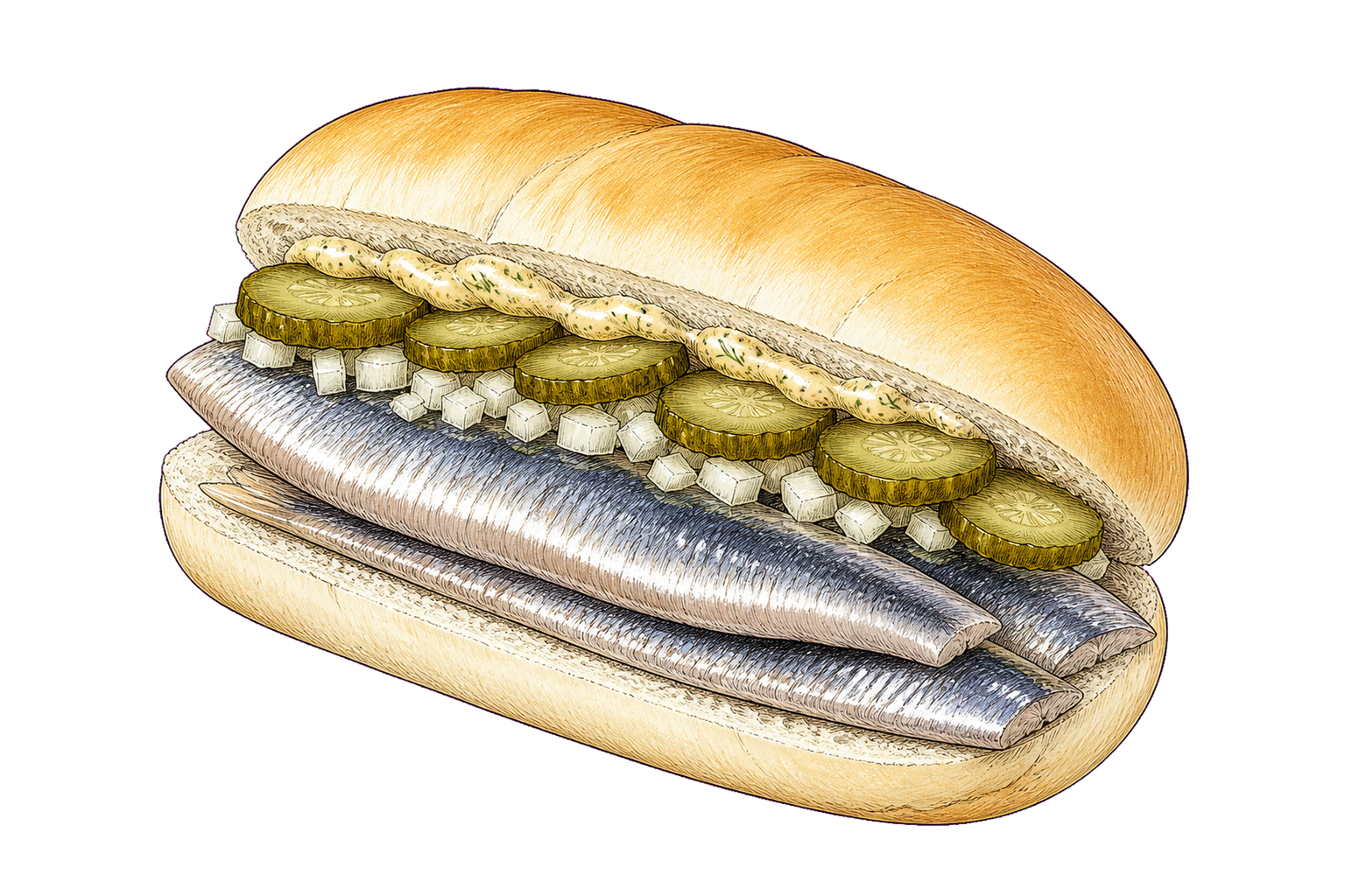 Hand-drawn illustration of broodje haring with soft bun, cured herring fillets, diced onion, pickles, dill, and mustard cream.