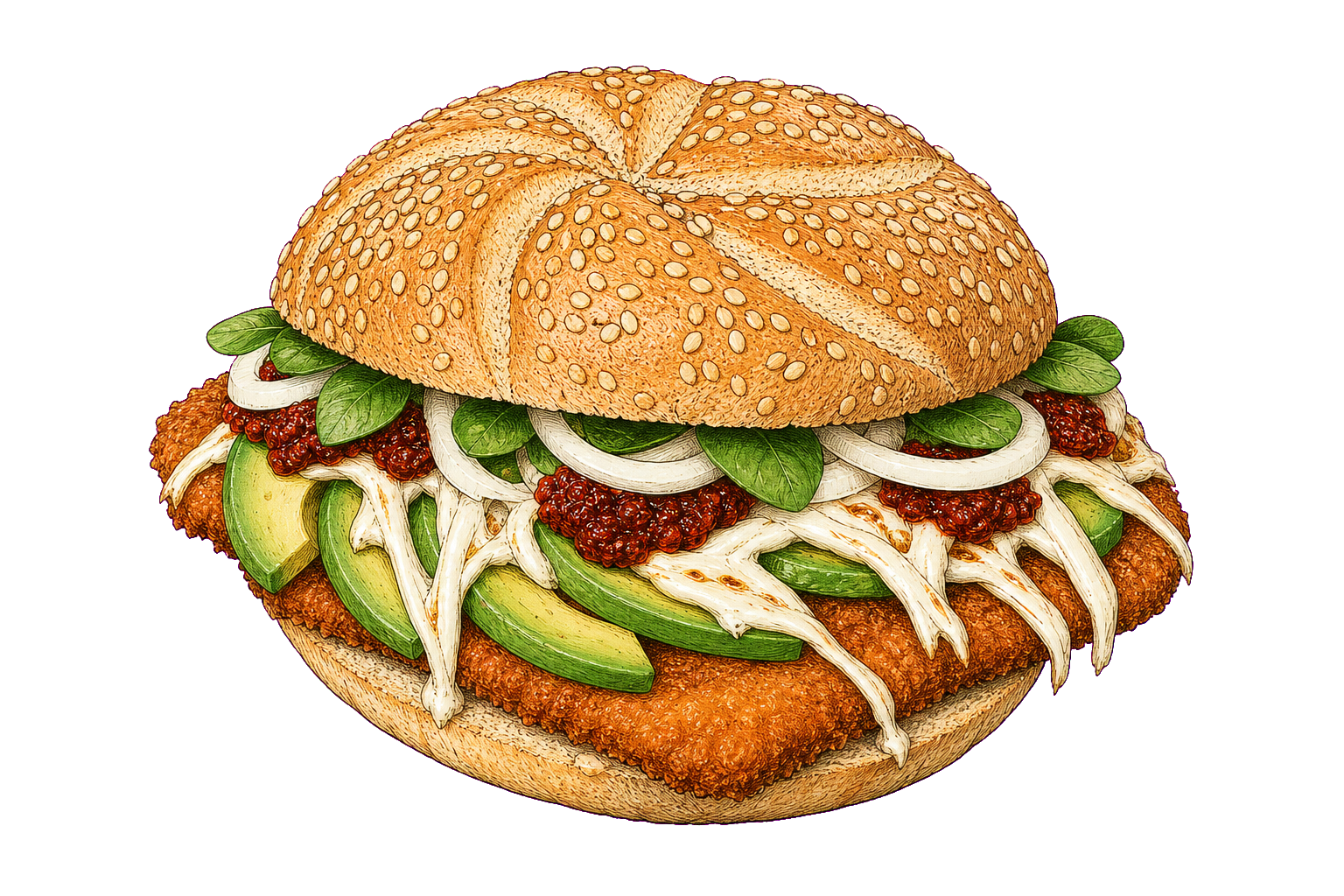 Hand-drawn illustration of a cemita poblana with a sesame roll, crispy milanesa, avocado, Oaxaca cheese, onion, chipotle, and papalo.