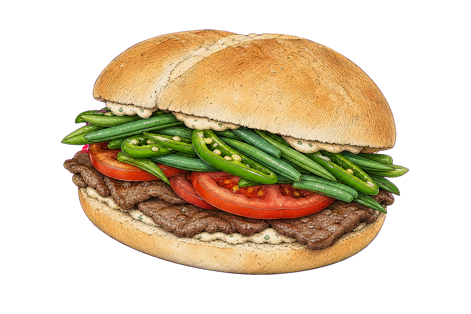 Hand-drawn illustration of a chacarero chileno with steak, tomato, green beans, green chile peppers, garlicky mayonnaise, and a sturdy roll.
