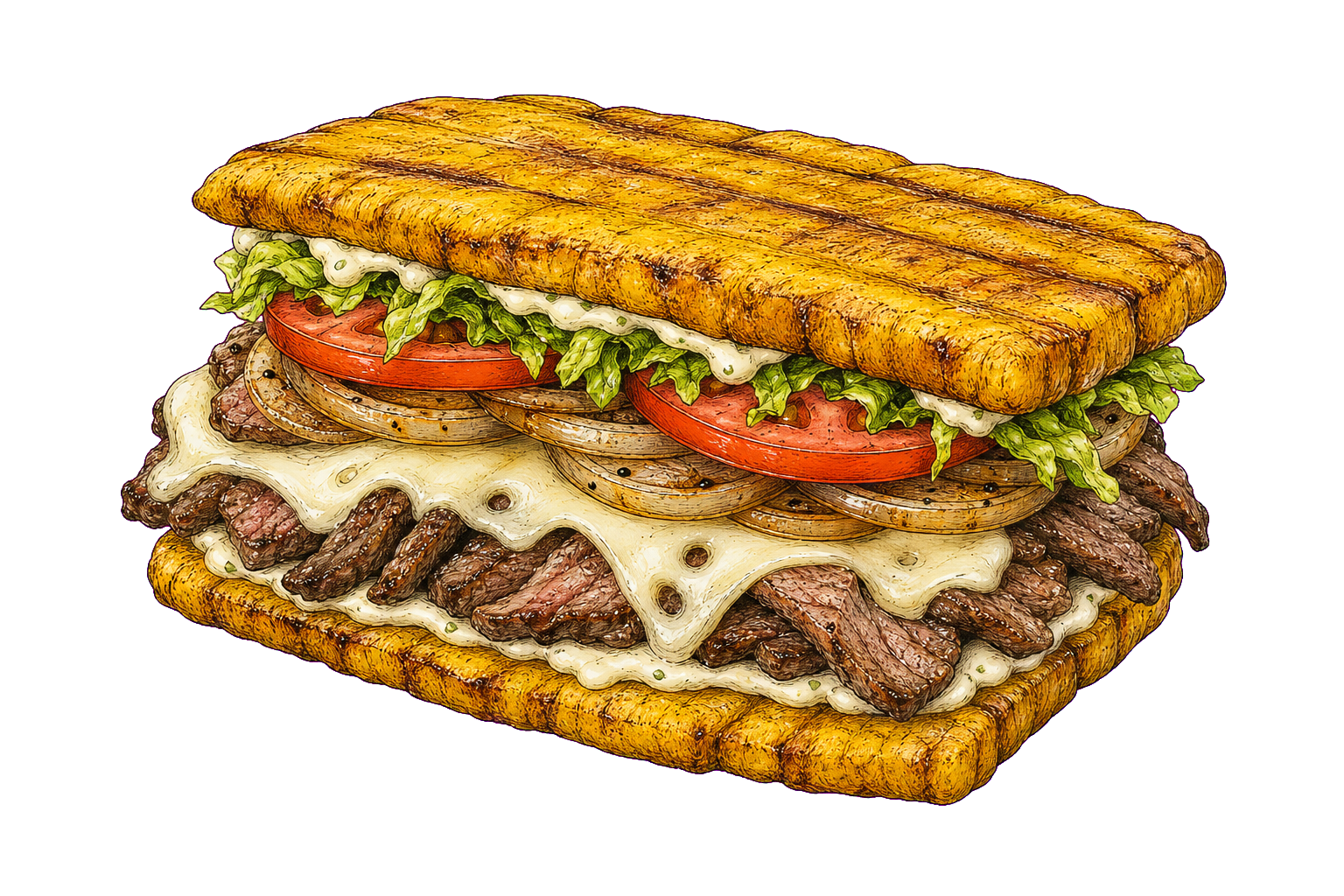 Hand-drawn illustration of a jibarito with fried green plantain planks, steak, cheese, lettuce, tomato, onion, and garlic mayo.