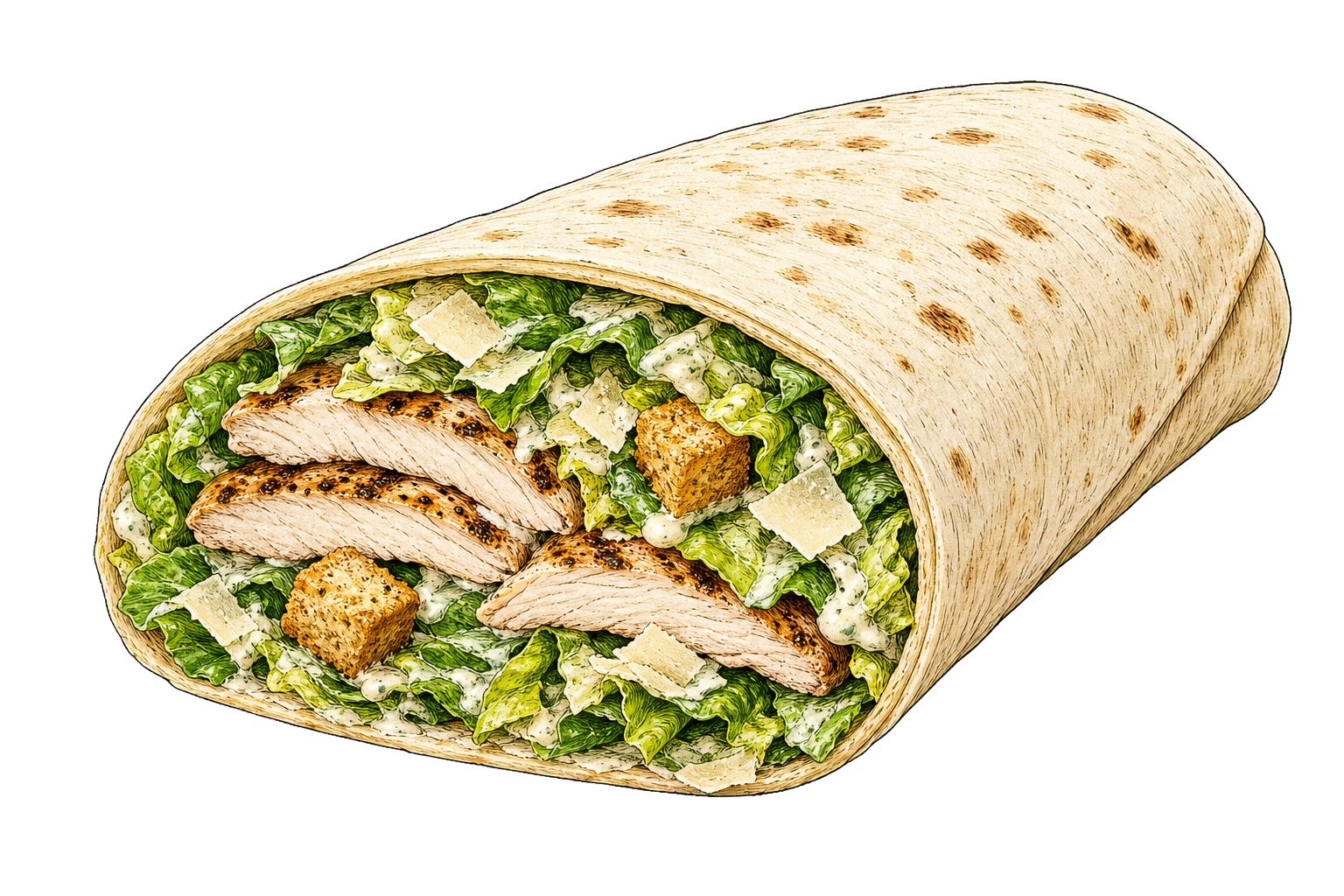Hand-drawn illustration of a chicken Caesar wrap with grilled chicken, romaine, Parmesan, Caesar dressing, and croutons.