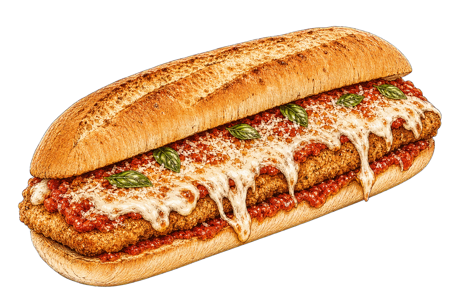 Hand-drawn illustration of a chicken Parmesan sandwich with a breaded cutlet, marinara, melted mozzarella, and basil.