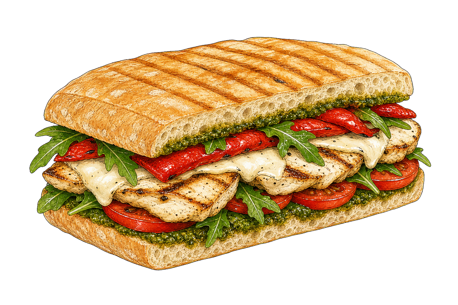 Hand-drawn illustration of a chicken pesto panini with ciabatta, grilled chicken, mozzarella, roasted peppers, arugula, and tomato.