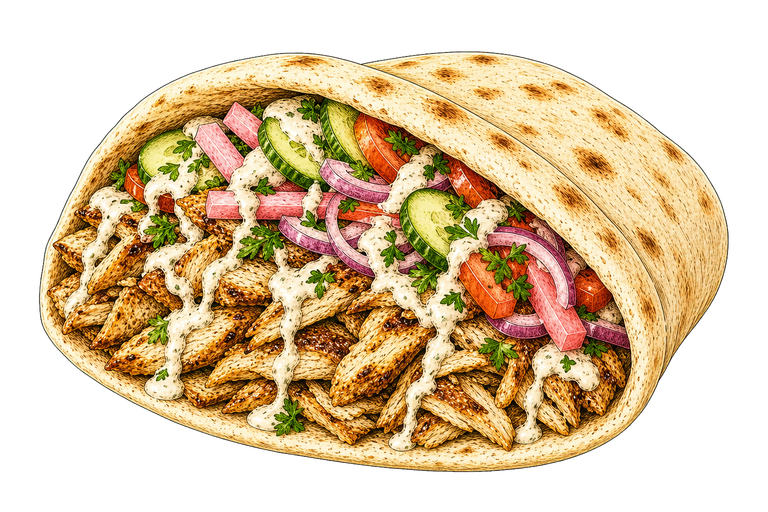 Hand-drawn illustration of a chicken shawarma pita with spiced chicken, cucumber, tomato, red onion, pickled turnips, parsley, and garlic sauce.