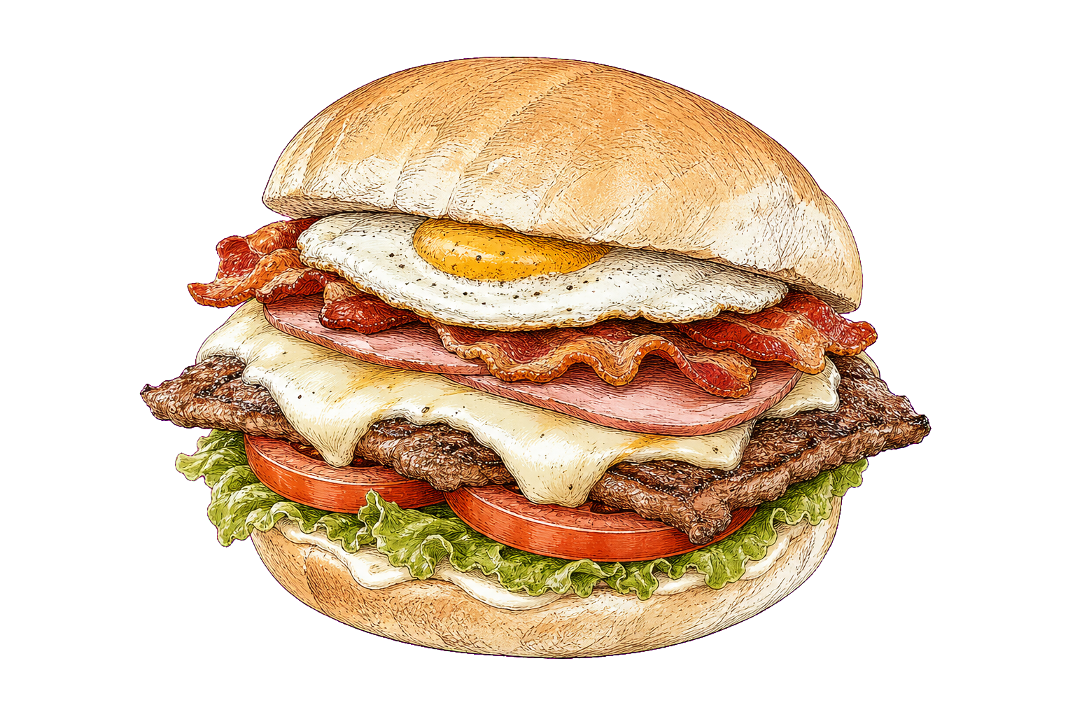 Hand-drawn illustration of a chivito sandwich with steak, mozzarella, ham, bacon, fried egg, lettuce, tomato, and mayonnaise.