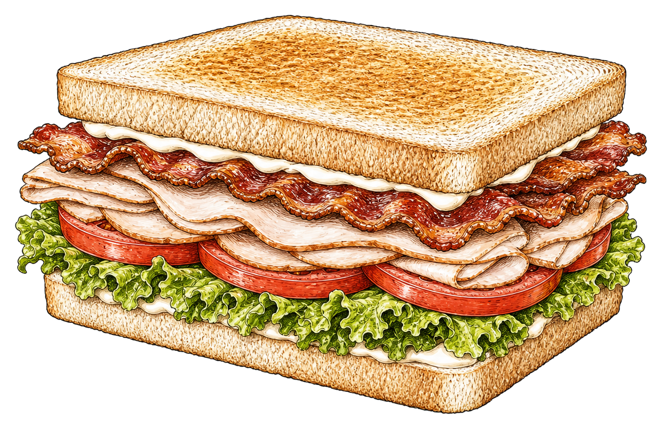 Hand-drawn illustration of a club sandwich with turkey, bacon, lettuce, tomato, and mayonnaise.
