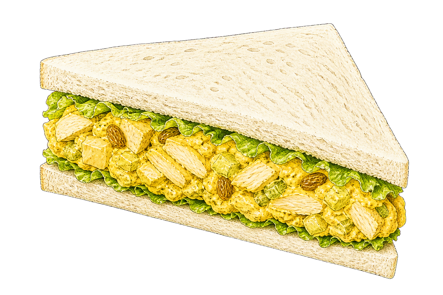 Hand-drawn illustration of a Coronation chicken sandwich with curry chicken salad, raisins, celery, and lettuce.