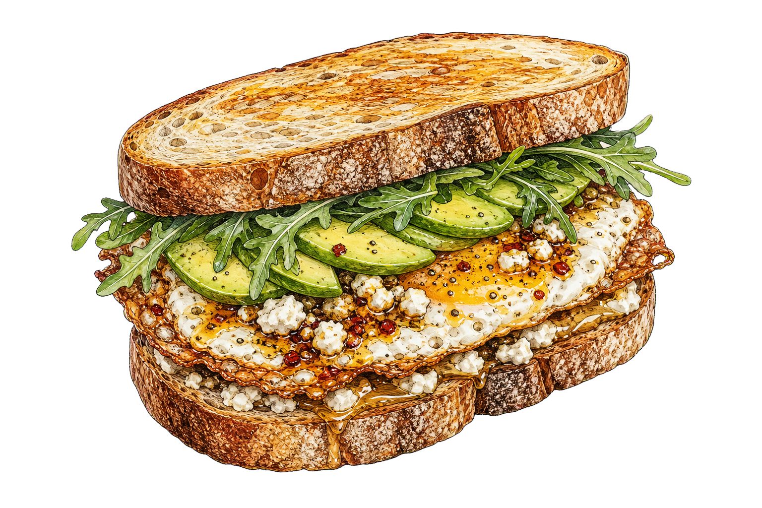 Hand-drawn illustration of a crispy feta fried egg sandwich with sourdough, avocado, arugula, chili crisp, and honey.