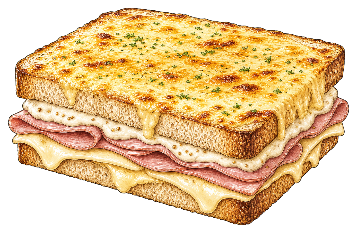 Hand-drawn illustration of a croque monsieur with ham, Gruyère, béchamel, and melted cheese.