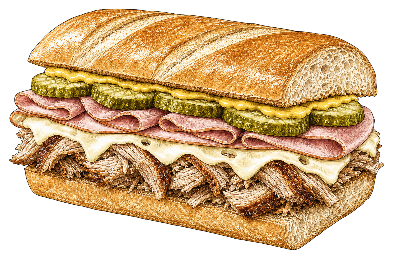 Hand-drawn illustration of a Cuban sandwich with roast pork, ham, Swiss cheese, pickles, and mustard.