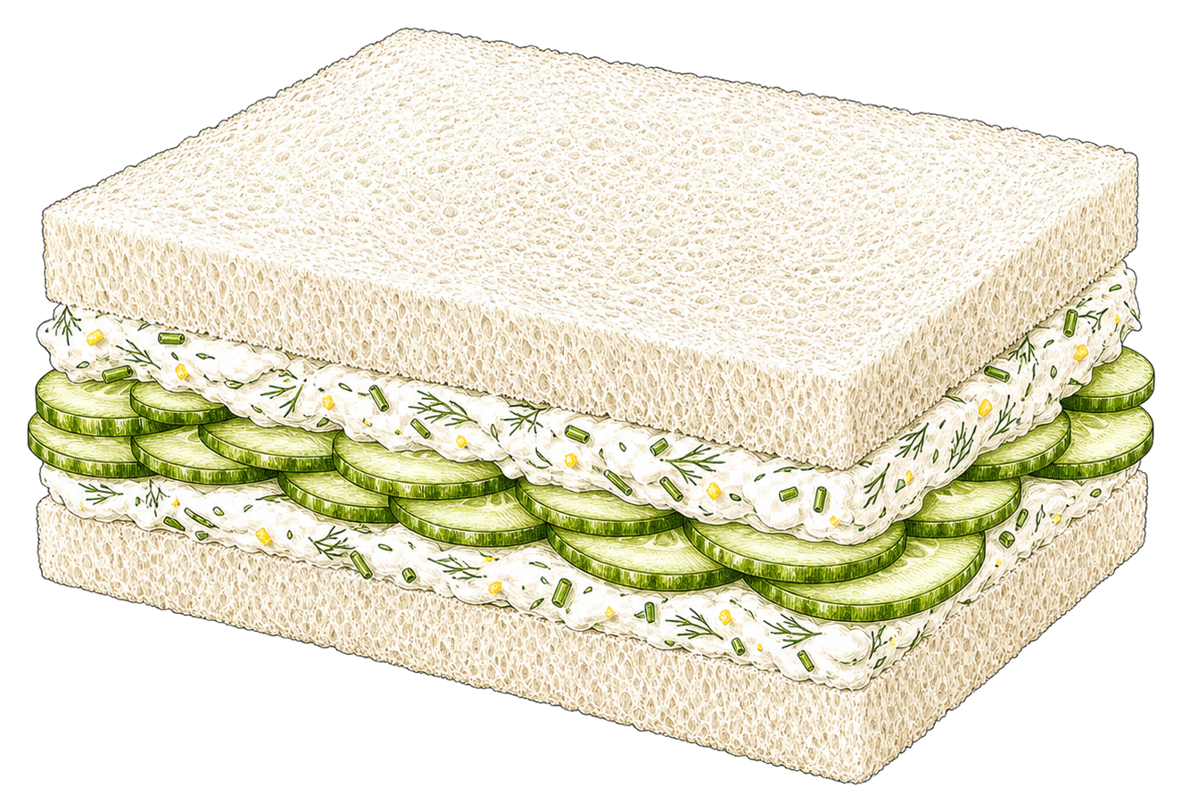 Hand-drawn illustration of a cucumber tea sandwich with cucumber, cream cheese, dill, chives, and lemon zest.
