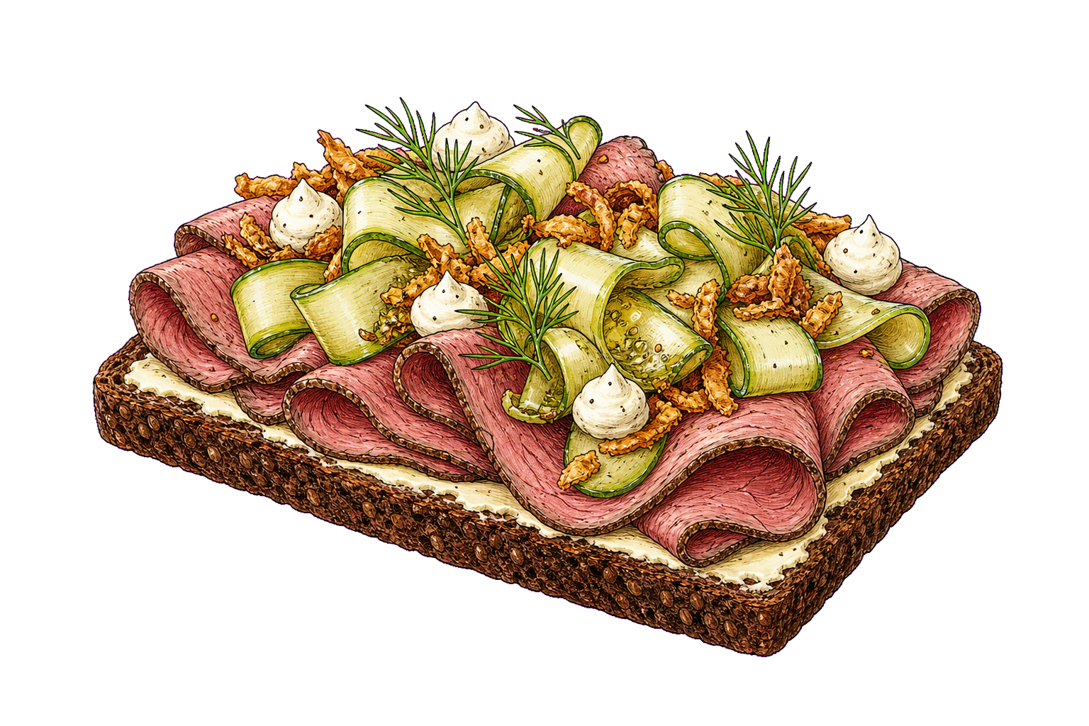 Hand-drawn illustration of Danish roast beef smorrebrod on dark rye with horseradish cream, cucumber, fried onions, and dill.