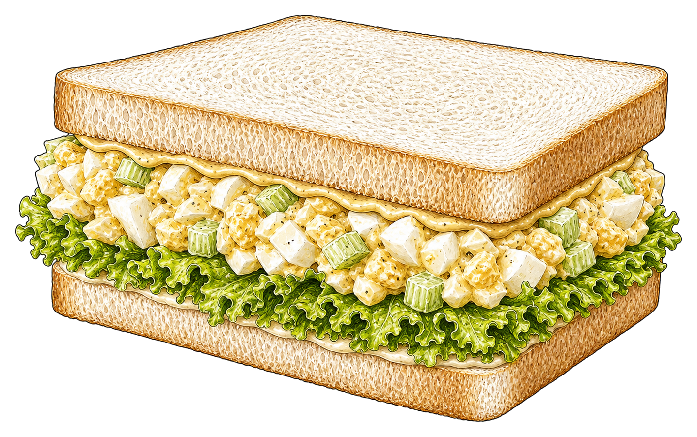 Hand-drawn illustration of an egg salad sandwich with creamy egg salad, celery, lettuce, and Dijon mustard.