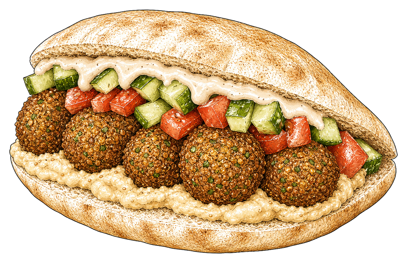 Hand-drawn illustration of a falafel pita sandwich with falafel, hummus, cucumber, tomato, and tahini.
