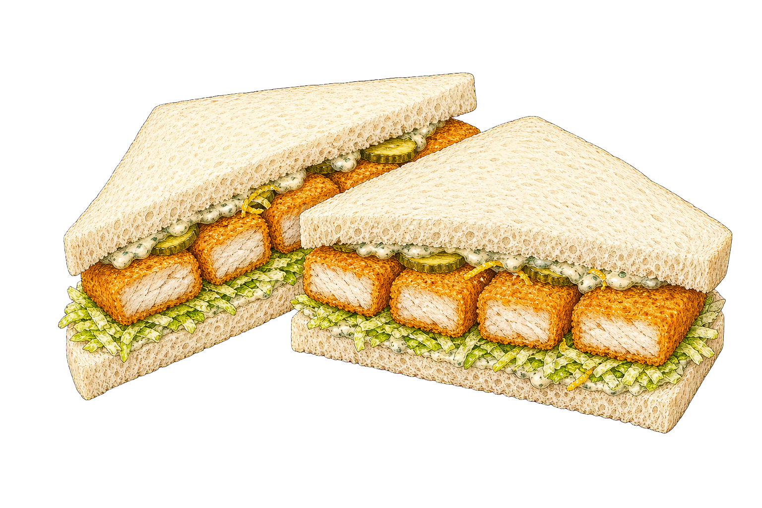 Hand-drawn illustration of a fish finger sandwich with soft white bread, crisp fish fingers, lettuce, tartar sauce, pickles, and lemon zest.