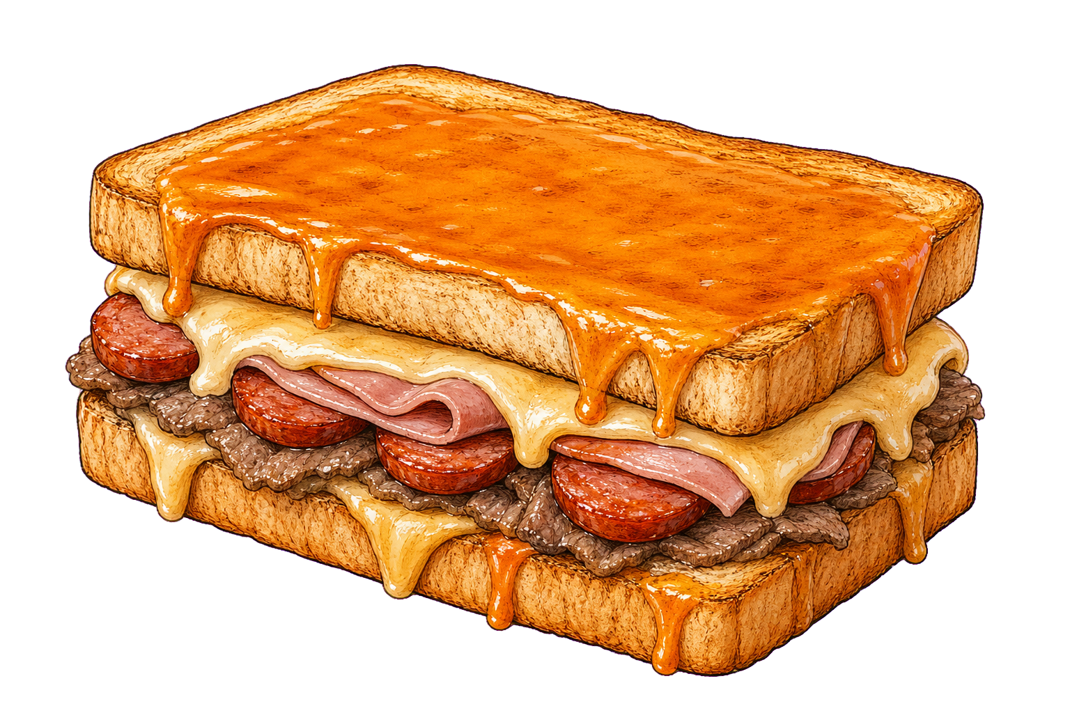 Hand-drawn illustration of a francesinha with toasted bread, steak, ham, sausage, melted cheese, and orange tomato-beer sauce.