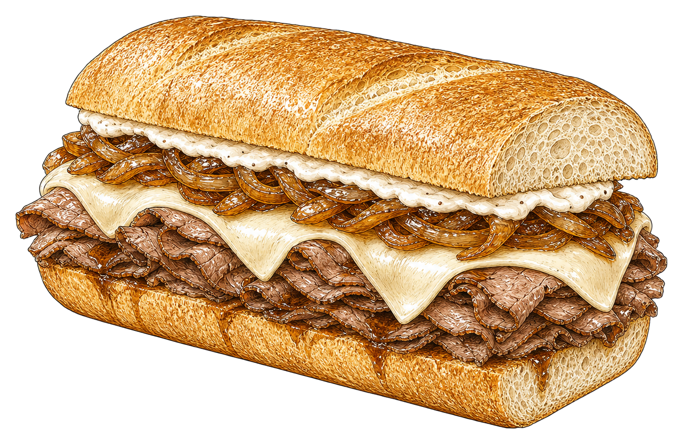 Hand-drawn illustration of a French dip sandwich with roast beef, provolone, caramelized onion, and au jus.