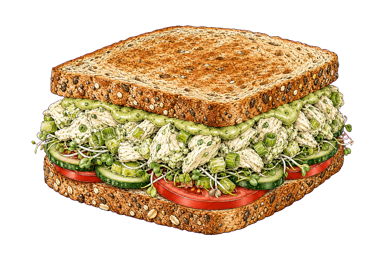 Hand-drawn illustration of a green goddess chicken salad sandwich with multigrain bread, herb chicken salad, cucumber, tomato, sprouts, and avocado dressing.