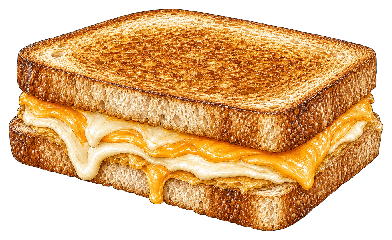 Hand-drawn illustration of a grilled cheese sandwich with melted cheddar and mozzarella.