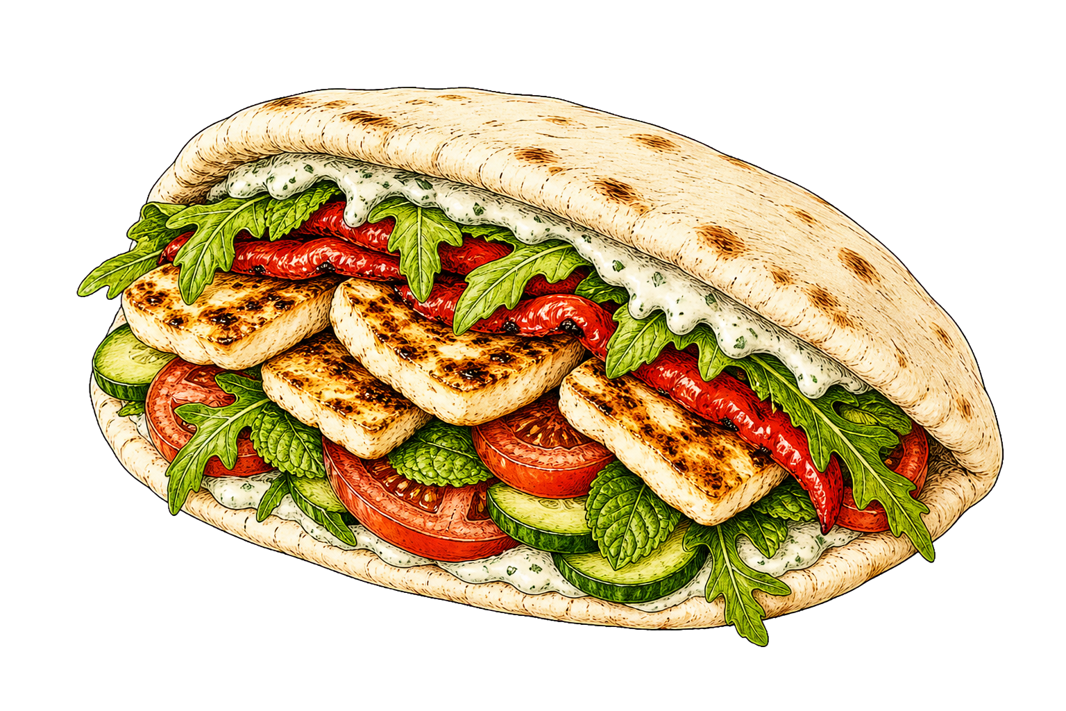 Hand-drawn illustration of a halloumi pita sandwich with grilled halloumi, roasted red peppers, cucumber, tomato, arugula, mint, and yogurt sauce.
