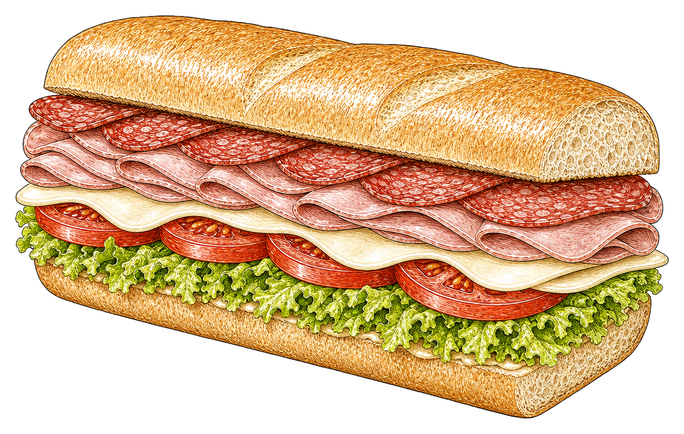 Hand-drawn illustration of an Italian sub with salami, ham, provolone, lettuce, and tomato.