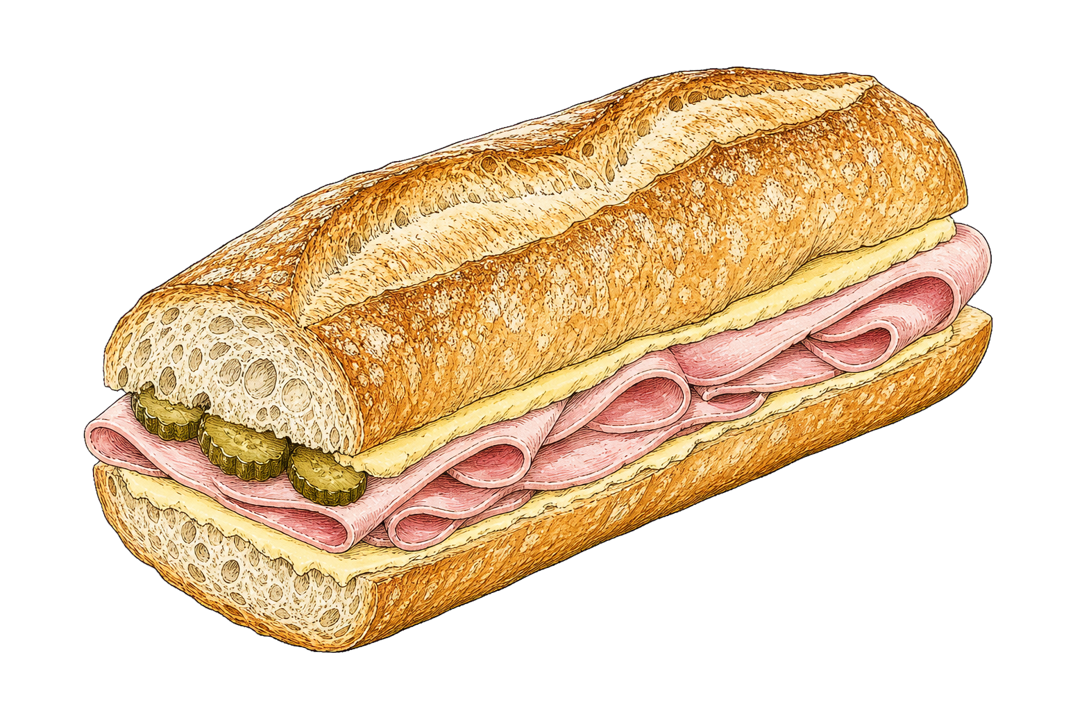 Hand-drawn illustration of a jambon beurre sandwich with baguette, folded ham, butter, and cornichons.