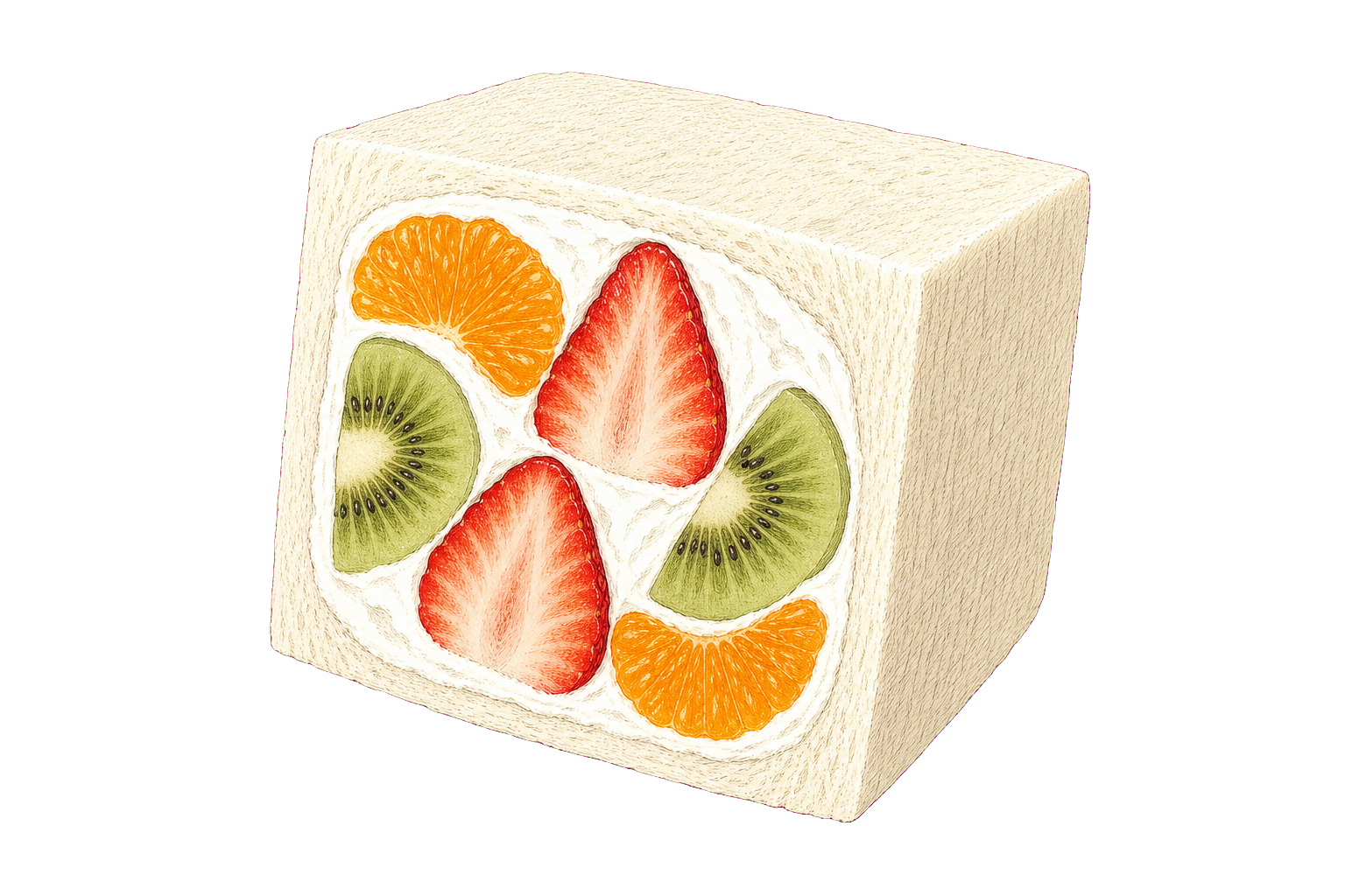 Hand-drawn illustration of a Japanese fruit sando with shokupan, whipped cream, strawberries, kiwi, and mandarin orange.