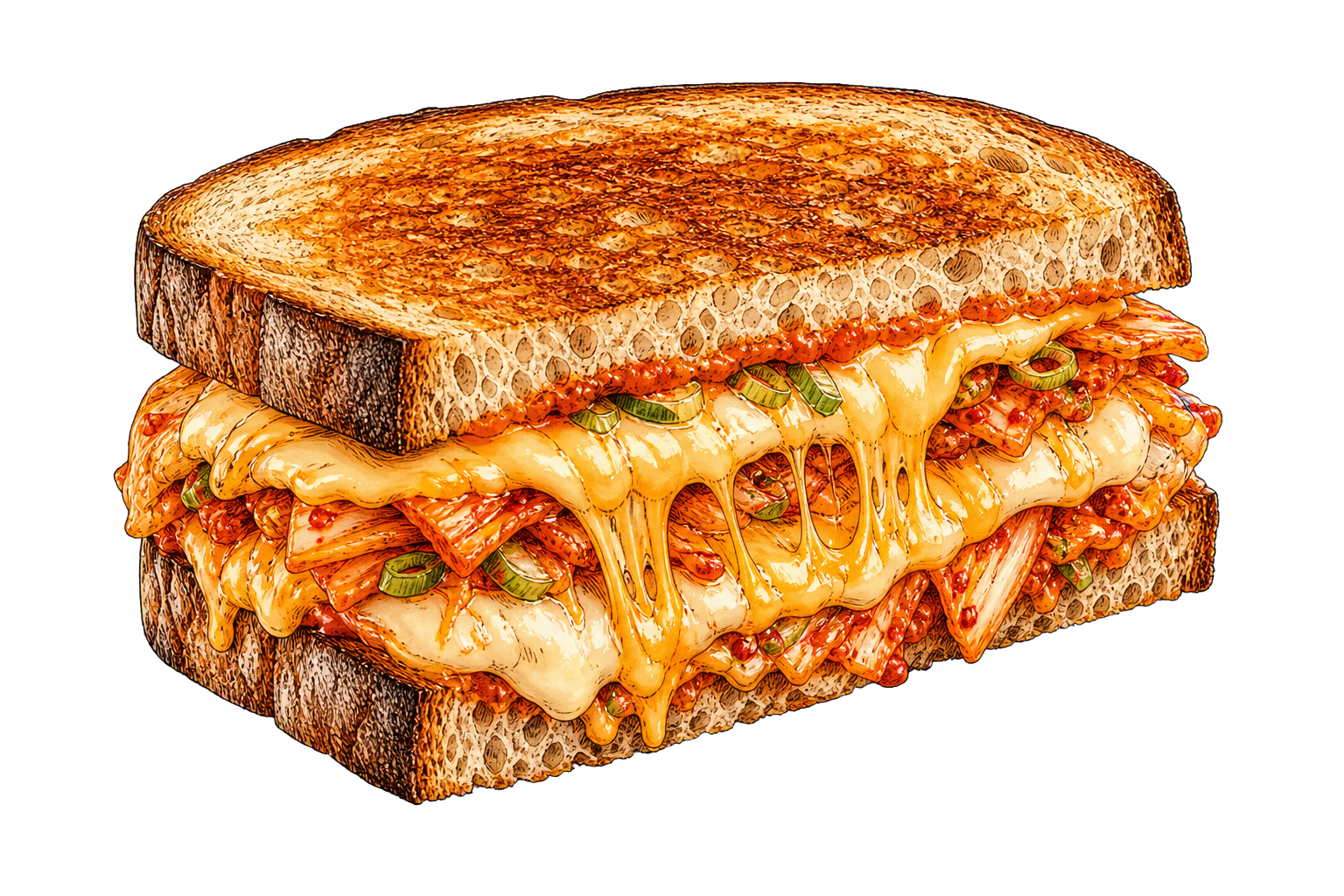Hand-drawn illustration of kimchi grilled cheese with sourdough, melted cheese, chopped kimchi, scallions, and gochujang butter.
