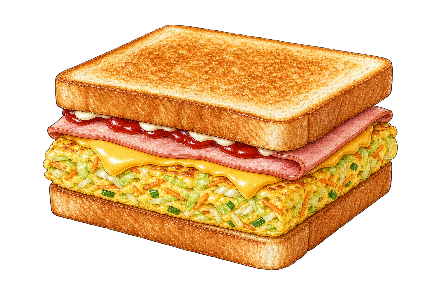 Hand-drawn illustration of Korean street toast with cabbage egg omelet, ham, cheese, ketchup, and mayonnaise.