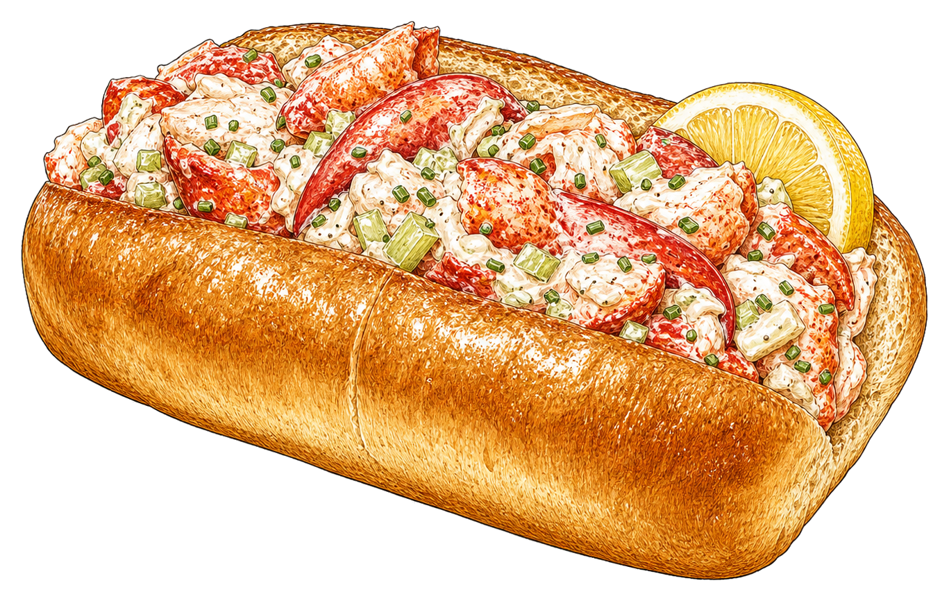 Hand-drawn illustration of a lobster roll with lobster meat, mayonnaise, celery, chives, and lemon.