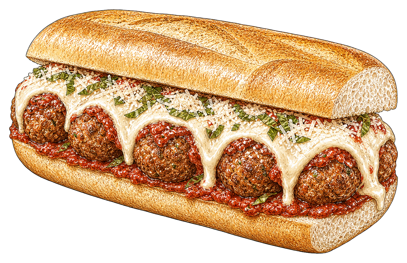 Hand-drawn illustration of a meatball sub with marinara, mozzarella, parmesan, and basil.
