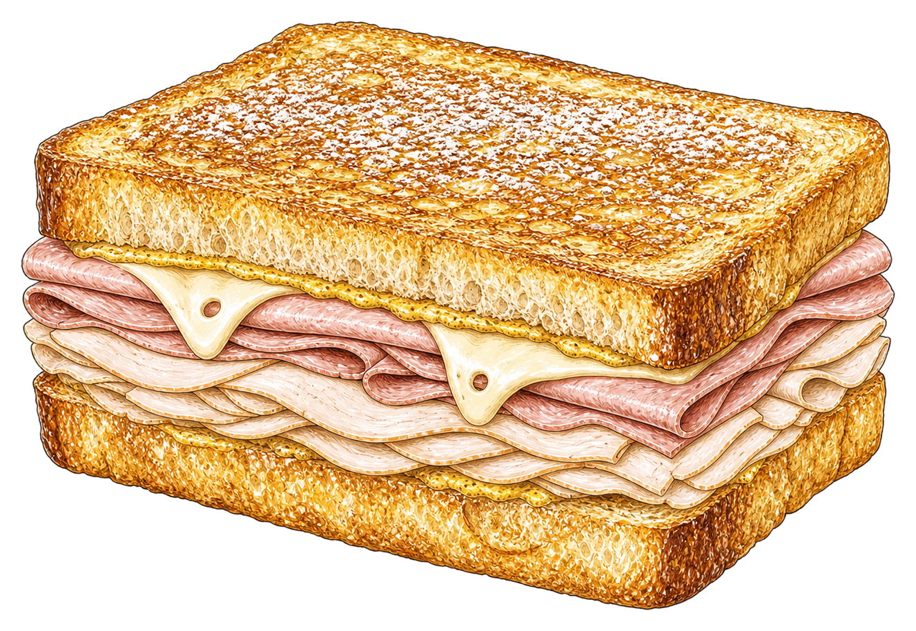Hand-drawn illustration of a Monte Cristo sandwich with ham, turkey, Swiss cheese, and egg-battered bread.