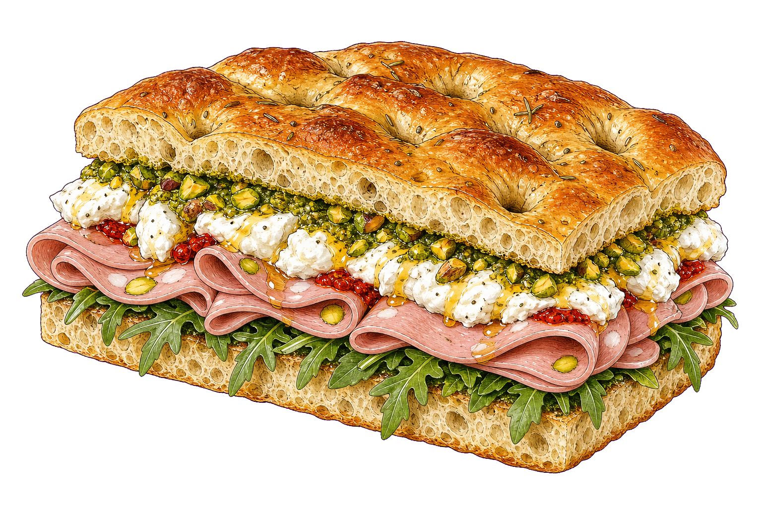 Hand-drawn illustration of a mortadella pistachio burrata focaccia sandwich with arugula, pesto, honey, and chile paste.