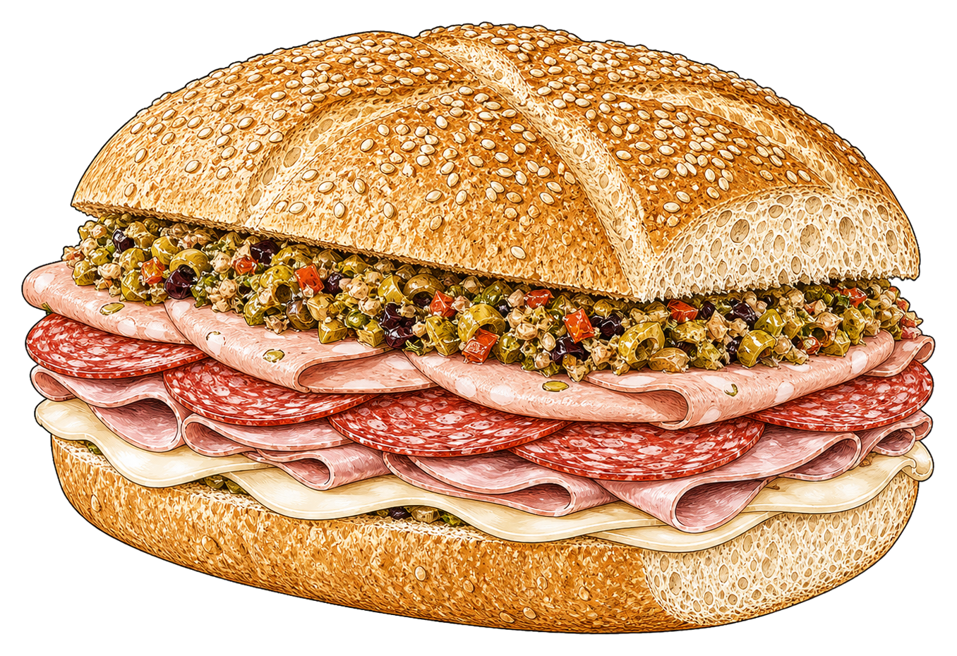 Hand-drawn illustration of a muffuletta sandwich with olive salad, Italian meats, and provolone.