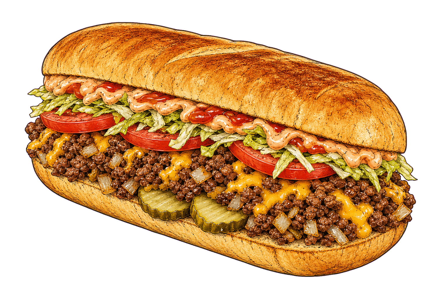 Hand-drawn illustration of an NYC chopped cheese hero with chopped beef, American cheese, onions, lettuce, tomato, pickles, and sauce.