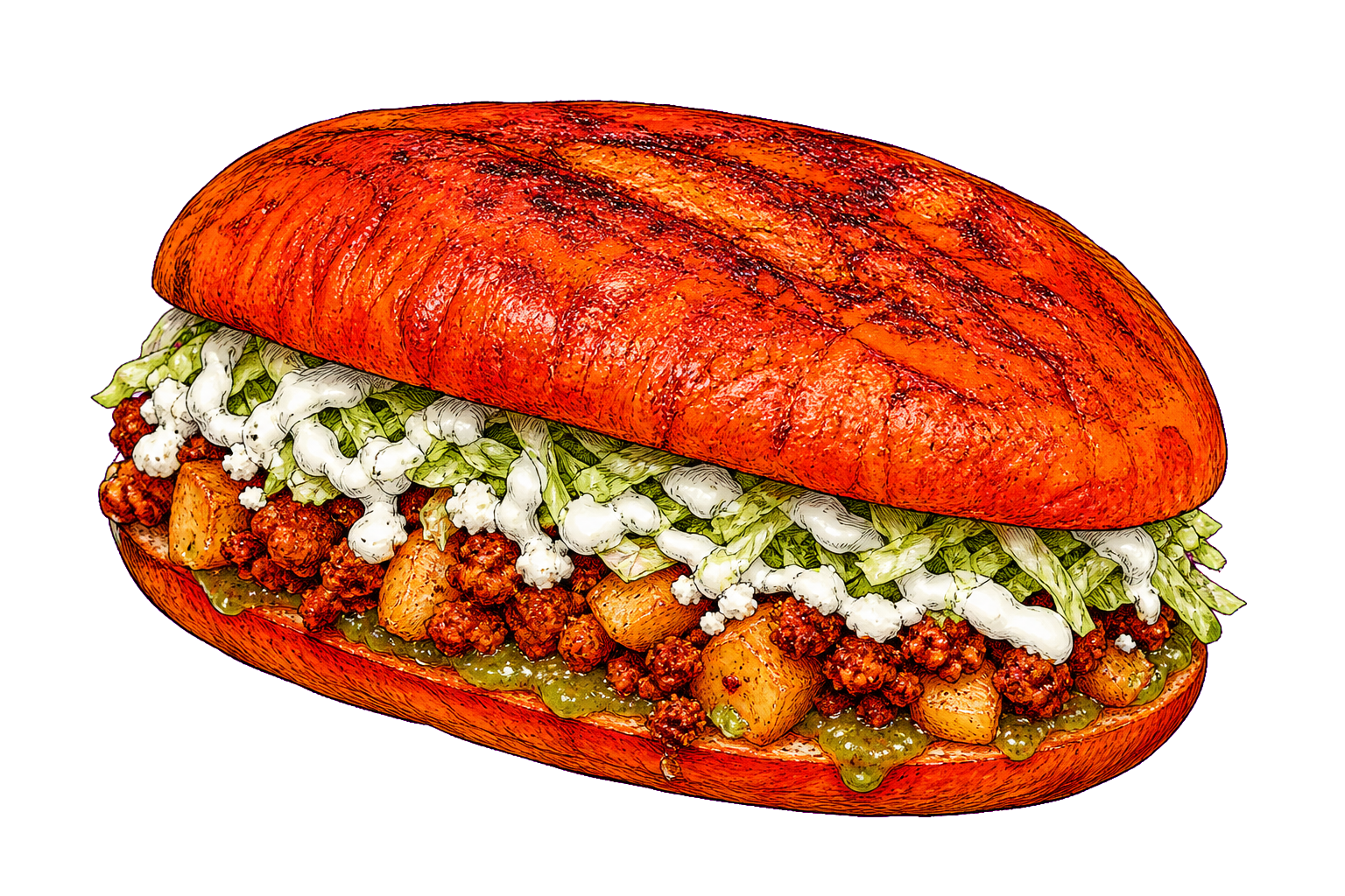 Hand-drawn illustration of a red guajillo pambazo with chorizo, potatoes, lettuce, crema, queso fresco, and salsa verde.
