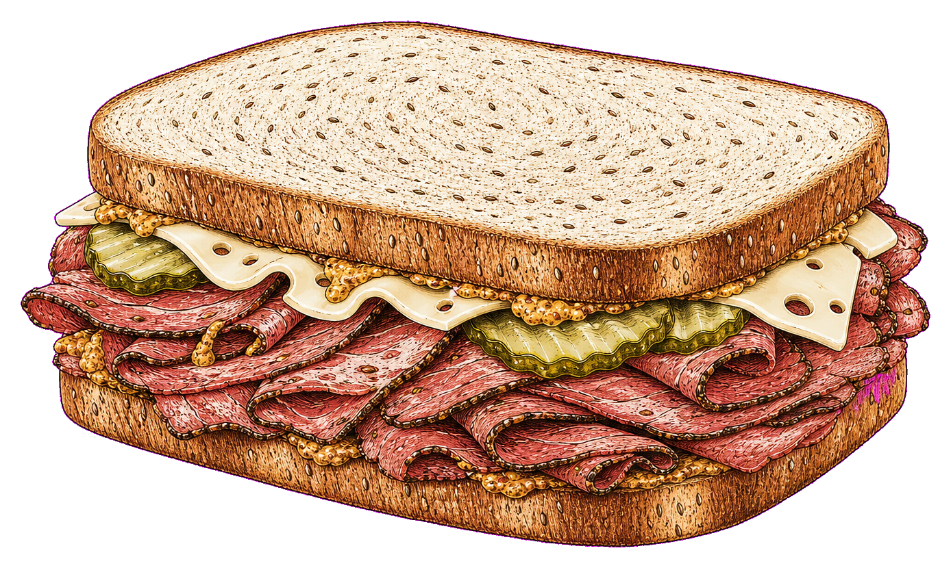 Hand-drawn illustration of pastrami on rye with hot pastrami, mustard, Swiss cheese, and pickles.
