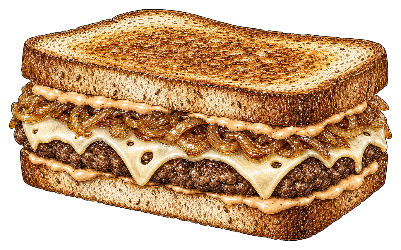 Hand-drawn illustration of a patty melt with beef patty, Swiss cheese, caramelized onions, and rye bread.