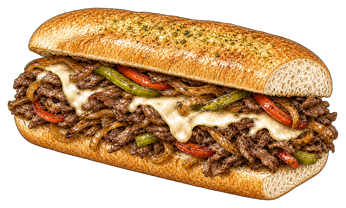 Hand-drawn illustration of a Philly cheesesteak with sliced steak, onions, peppers, and provolone.